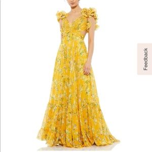 Mac Duggal yellow ruffle tiered floral cut out chiffon gown size 6 NWT